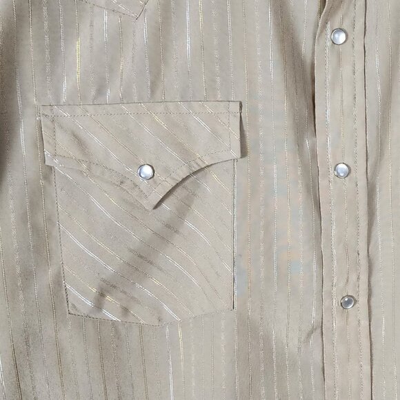 Ely Cattleman Beige Metallic Gold Pinstripe Pearl Snap Western Shirt - Picture 2 of 5